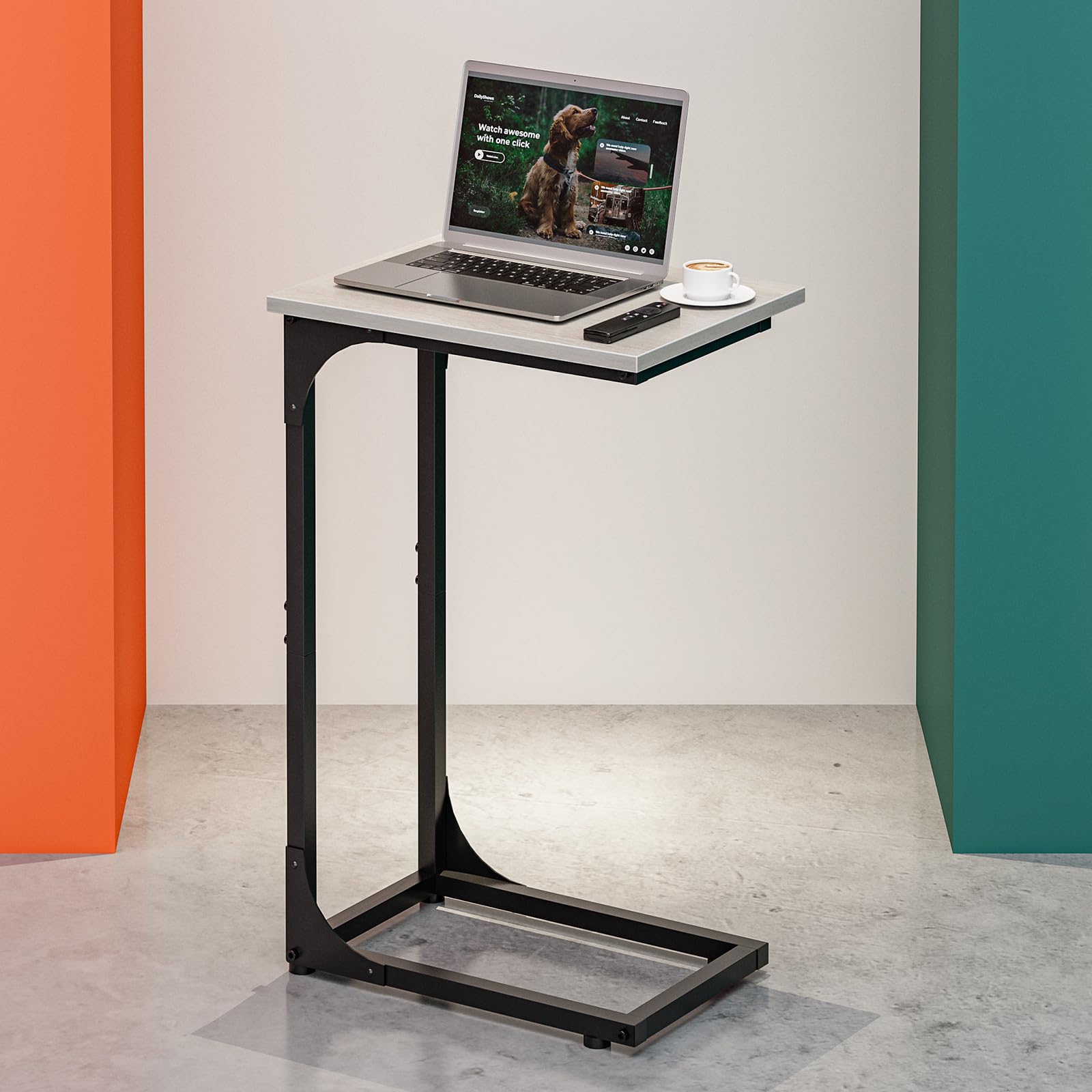 C-Shaped Side Table for Couch - Small Coffee Stand Sofa Tray Desk with Metal Frame and Waterproof Scratch Resistant, Modern End Accent for Living Room, Bedroom, Small Spaces, Rustic Brown