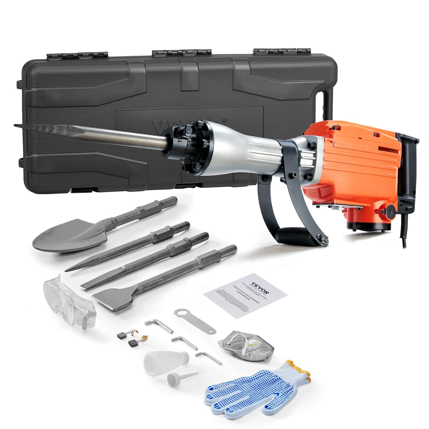 VEVOR Demolition Jack Hammer, MAX 2200W Electric Jackhammer Heavy Duty, 1350 BPM Concrete Breaker 4pcs Chisels Bit Chipping W/Case, Gloves