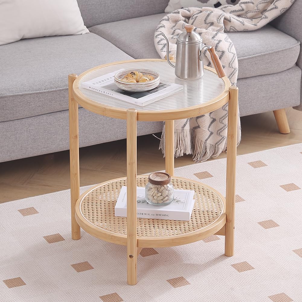 Tiita Rattan Coffee Table, Round End Table, 19.7Inch Modern Side Table, Small Bamboo Living Room Side Table, Glass Sofa End Table for Balcony and Office Outdoor/Indoor (Wood)