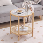 Tiita Rattan Coffee Table, Round End Table, 19.7Inch Modern Side Table, Small Bamboo Living Room Side Table, Glass Sofa End Table for Balcony and Office Outdoor/Indoor (Wood)