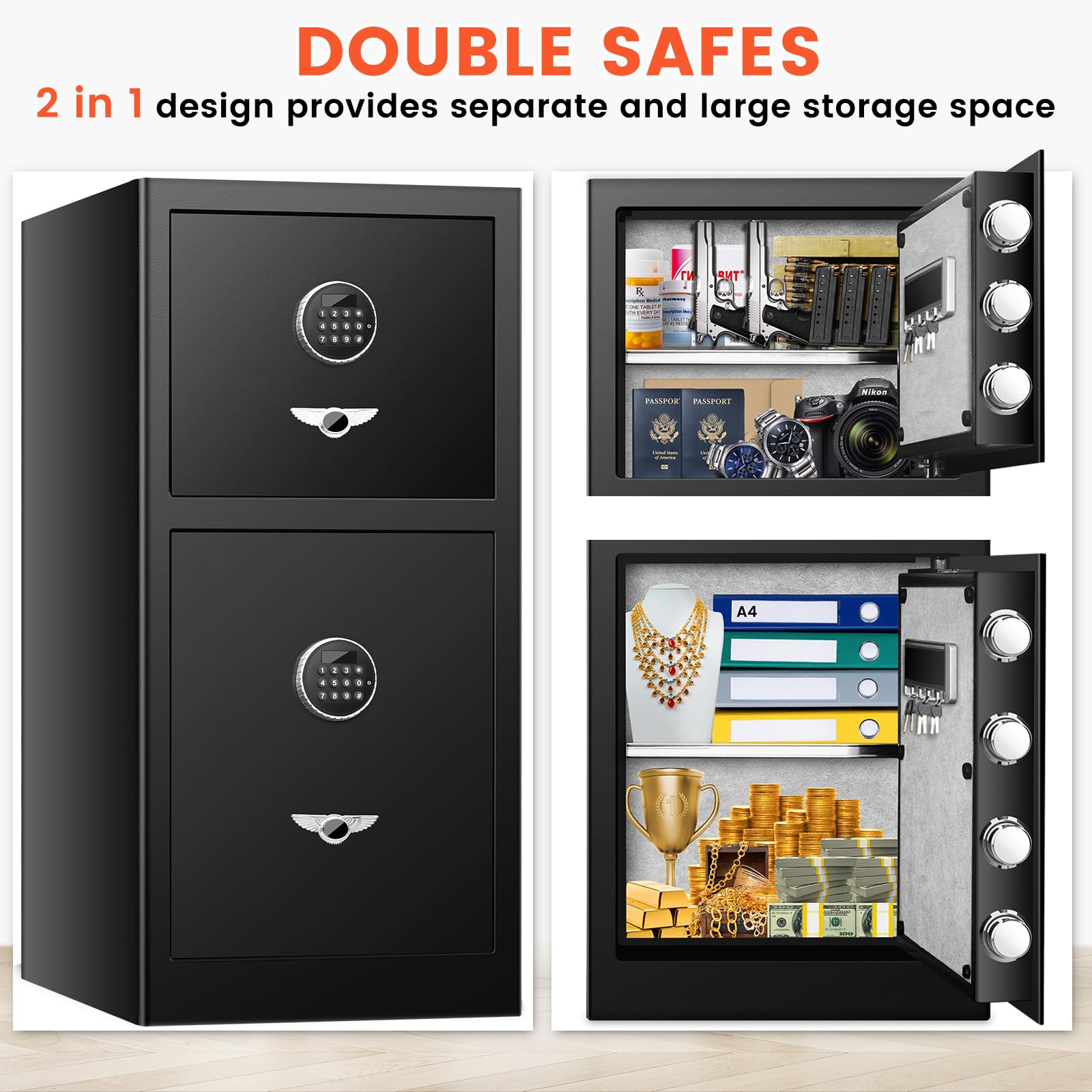 [DOUBLE DOOR SAFE] 8.1 Cub Extra Large Home Safe with Fireproof Waterproof Document Bag, Heavy Duty Digital Security Safe with [HIDDEN LOCK BOX], Fireproof Safe for Home Business Office USE