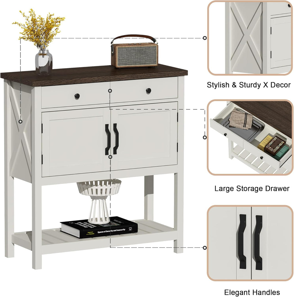 ChooChoo Farmhouse Console Table, Entryway Table with Storage Shelf, Coffee Bar Cabinet, Narrow Buffet Sideboard for Kitchen, Hallway, Living Room, White