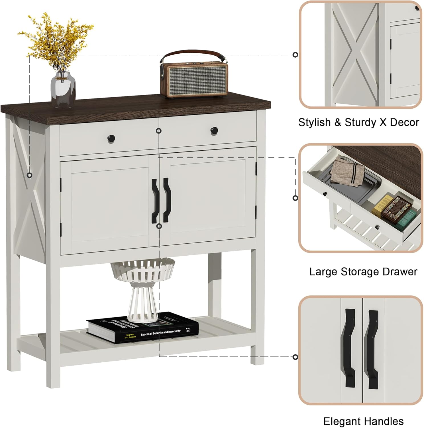 ChooChoo Farmhouse Console Table, Entryway Table with Storage Shelf, Coffee Bar Cabinet, Narrow Buffet Sideboard for Kitchen, Hallway, Living Room, White