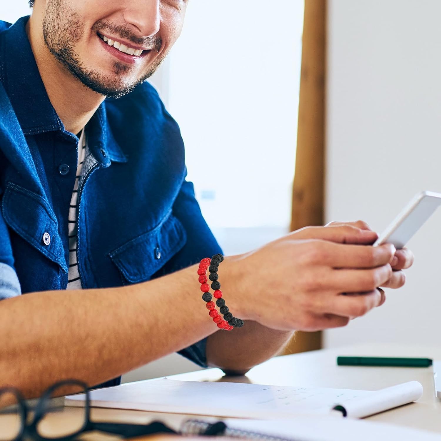 MengPa Mens Beaded Bracelets Couples Matching Bracelet Set Lava Rock Beads for Women Stone Jewelry