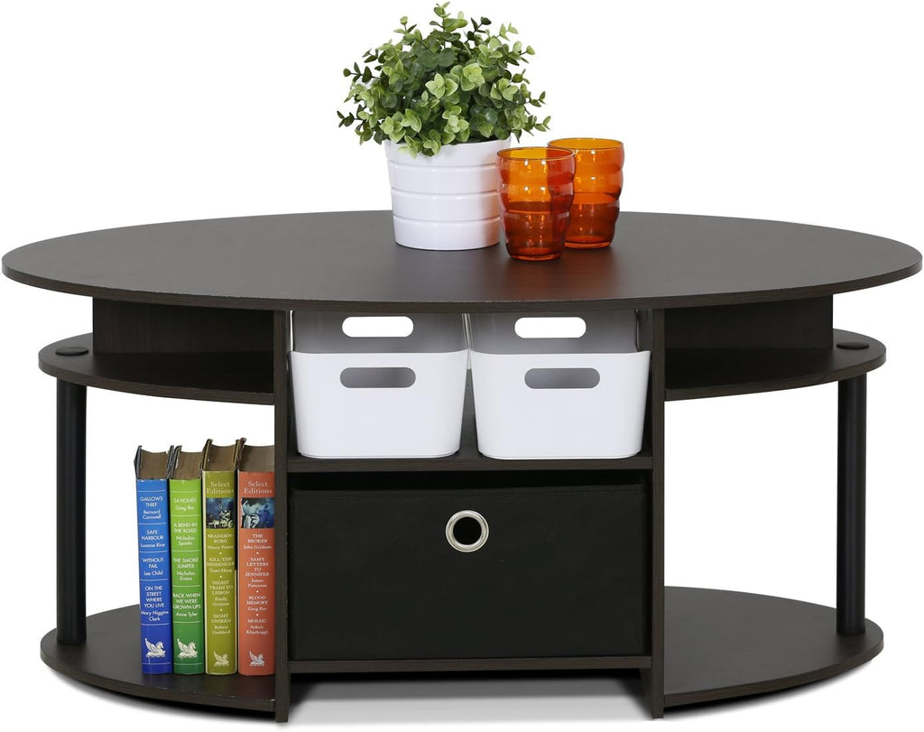Furinno Jaya Simple Design Oval Coffee Table with Bin for Living Room, Walnut
