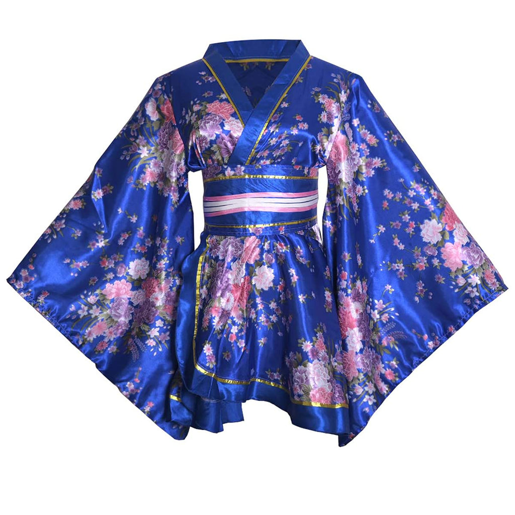 HUAHUA Women's Sexy Short Kimono Dress Floral Print Japanese Traditional Geisha Robe Bathrobe Skirt Belt Outfit