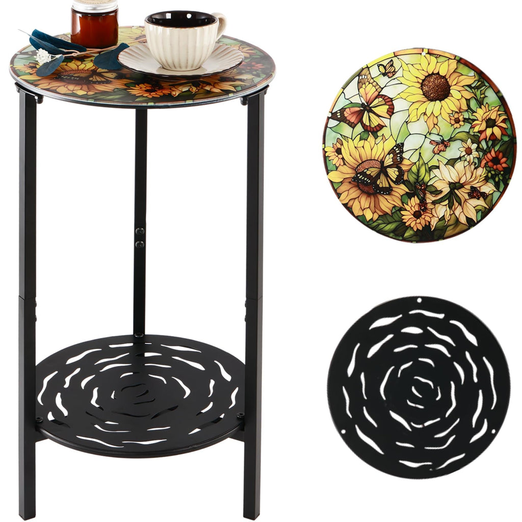 2-Tier Metal Round Side Table Black Accent Coffee Tables Small Space Corner Plant Stand Shelf for Indoor Outdoor Use Patio Balcony End Table Butterfly Print Weather-Resistant