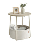 VASAGLE Small Round Side End Table, Modern Nightstand with Fabric Basket, Matte White and Camel Brown ULET223W10