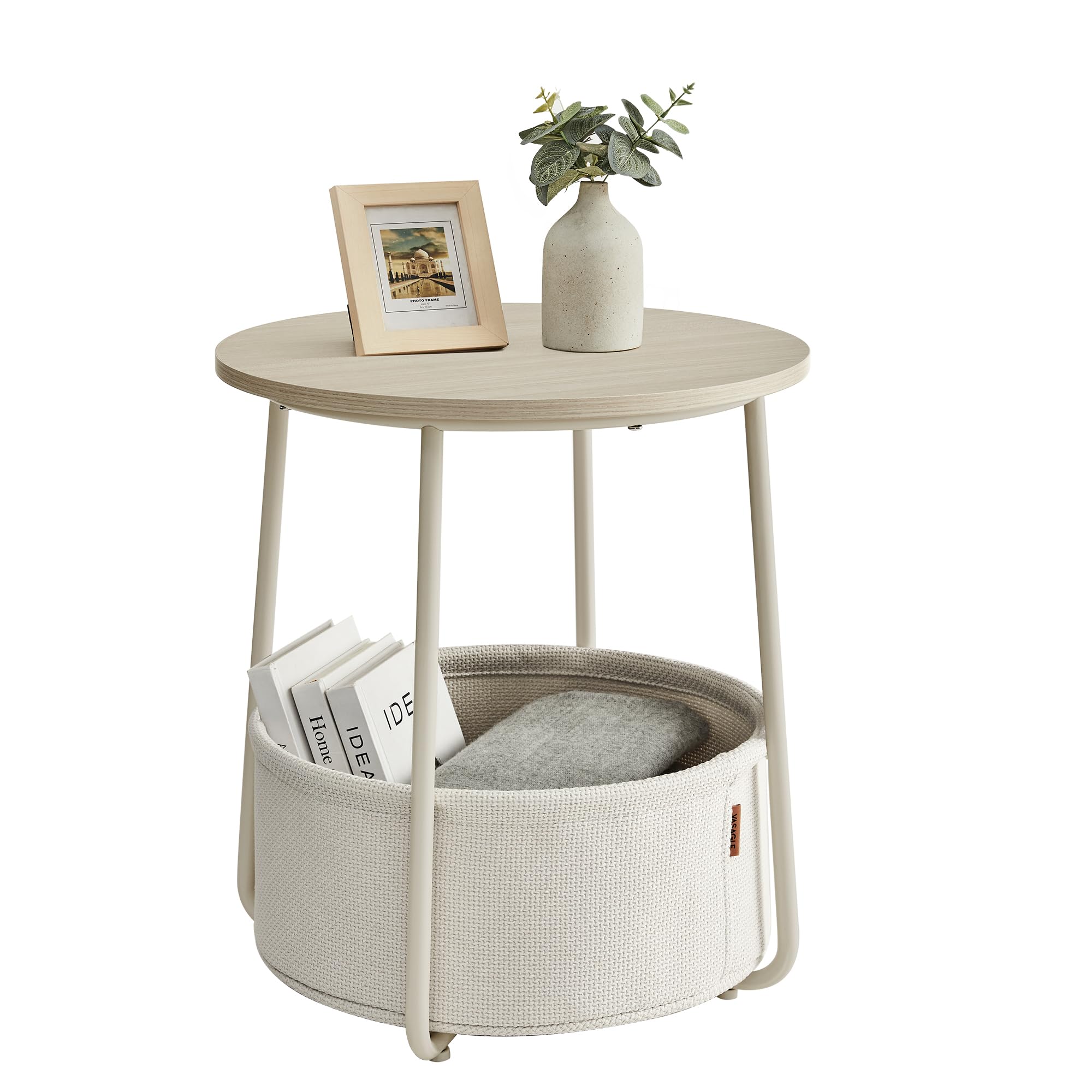 VASAGLE Small Round Side End Table, Modern Nightstand with Fabric Basket, Matte White and Camel Brown ULET223W10
