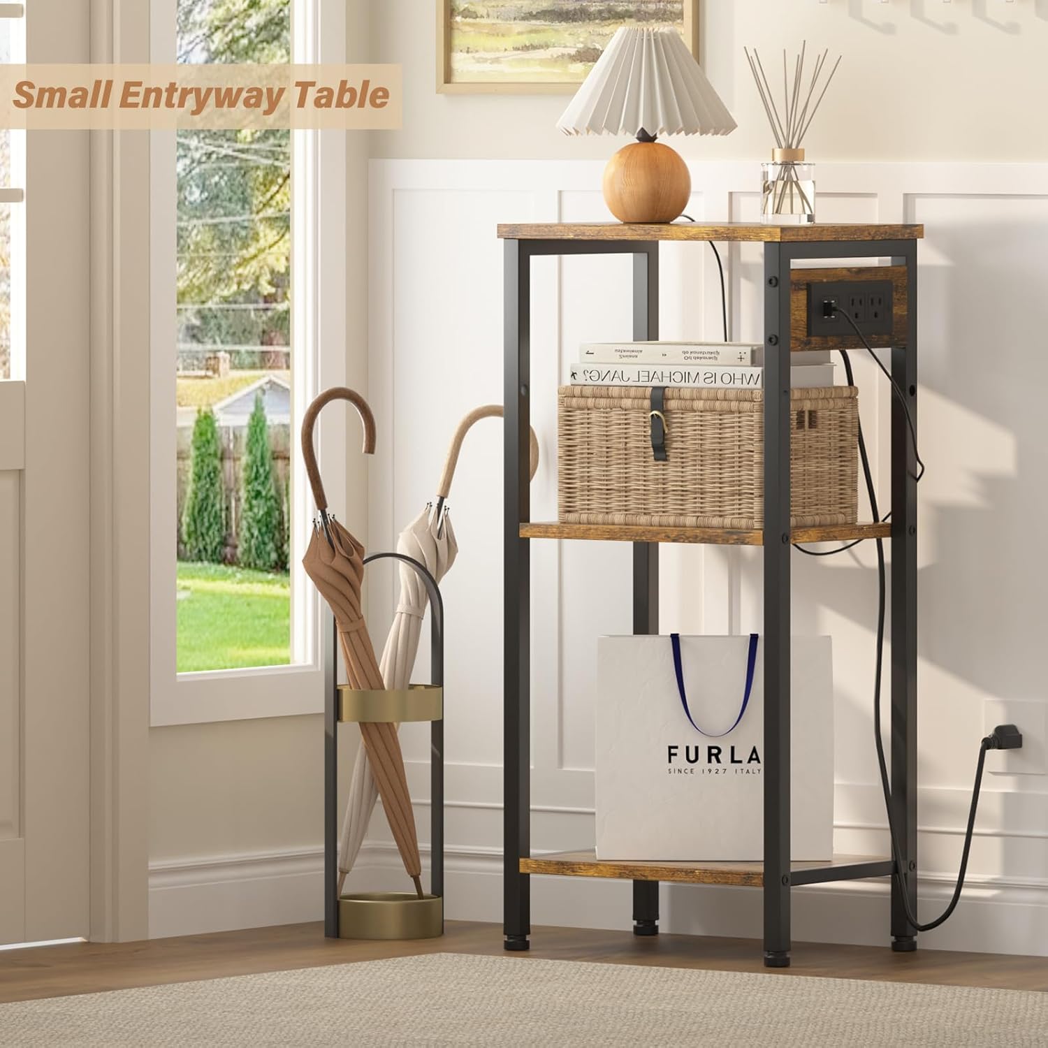 Tall End Table with Charging Station, 3 Tier Narrow Tall Nightstand with Storage, Slim Side Table with USB Ports and Outlets for Bedroom, Living Room, Office, Rustic Brown and Black