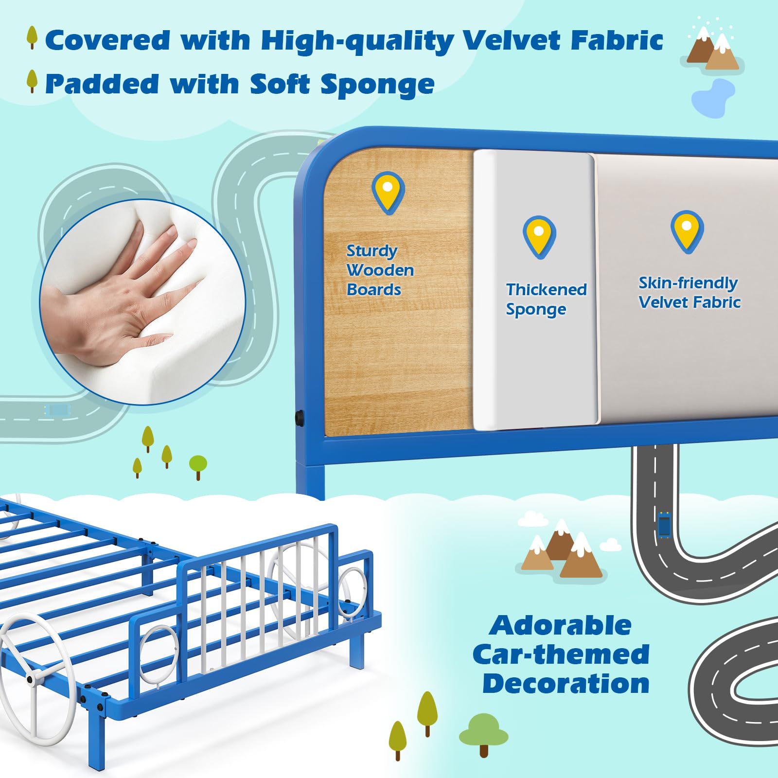 Cadres de lit jumeaux Costzon pour enfants, cadre de lit plateforme en métal avec support à lattes, tête de lit rembourrée et pied de lit à lattes, pas besoin de sommier, montage facile, convient aux matelas jumeaux standard (voiture de course)