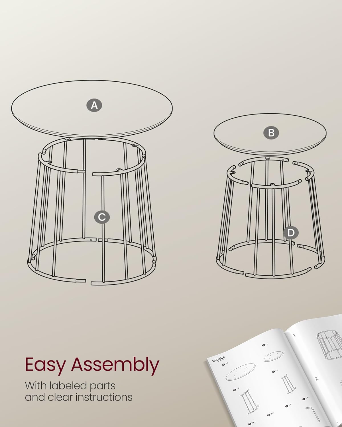 VASAGLE Round Coffee Tables, Set of 2, Modern Circle Side Tables with Steel Frame, for Living Room, Bedroom, Rustic Brown ULCT045K01