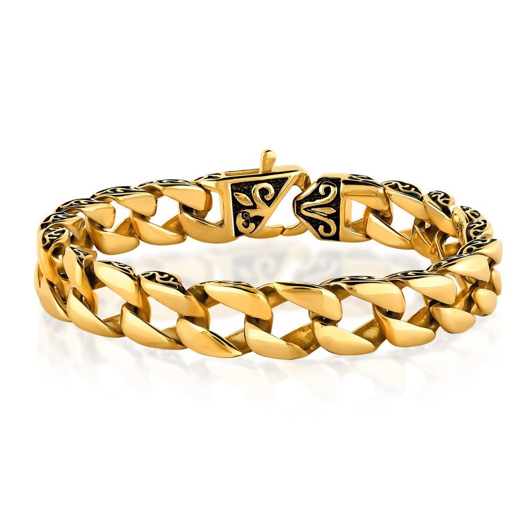 Urban Jewelry Beautiful Fleur De Lis Mens Link Bracelet 8.5 Inch, Link Chain Bracelet for Men (316L Stainless Steel Silver or 24K Gold Plated)