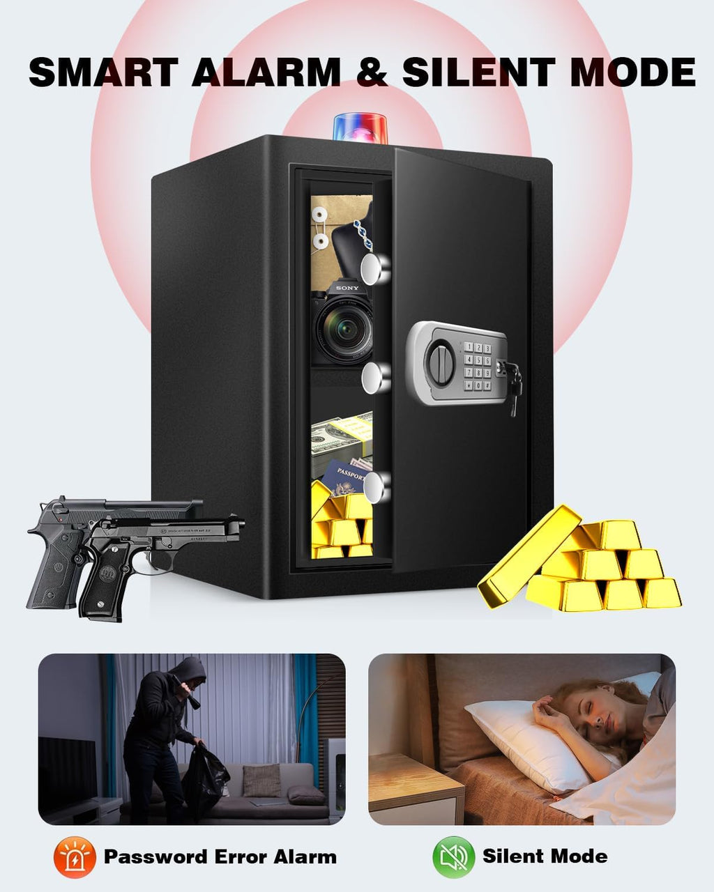 Cofre à prova de fogo e à prova d'água para uso doméstico 2.4 Cub, Cofre à prova de fogo com teclado digital, luz sensor e chave para hotel, escritório, dinheiro e documentos