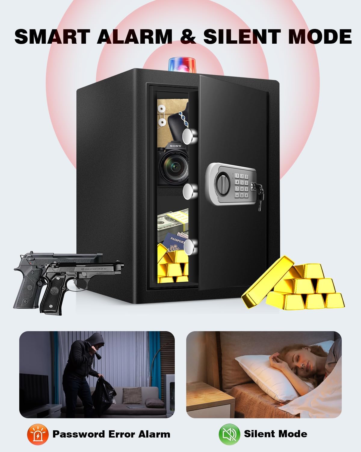 2.4 Cub Home Use Safe Box Fireproof Waterproof, Fire Proof Safe with Digital Keypad Sensor Light Key for Hotel Office Money Documents