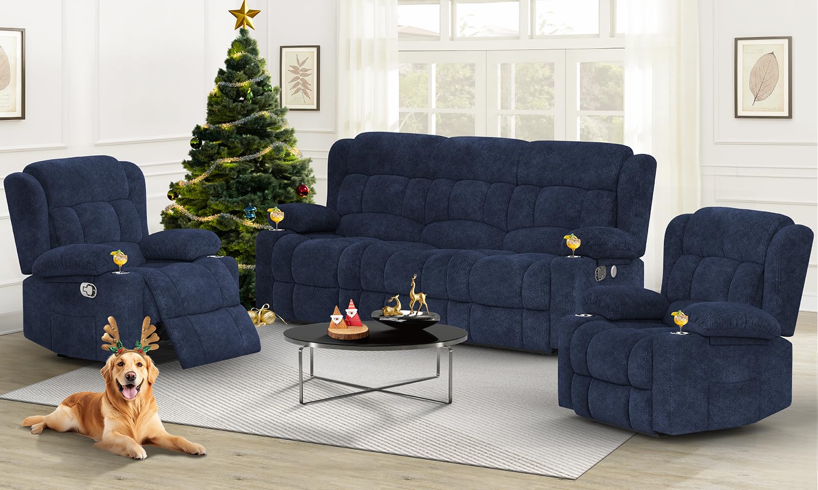 Loveseat Recliner Sofa, Flip Middle Backrest Design PU Leather 3 Seat Reclining Sofa with Storage Drawer, Manual Couch for Living Room/RV (Black, PU)