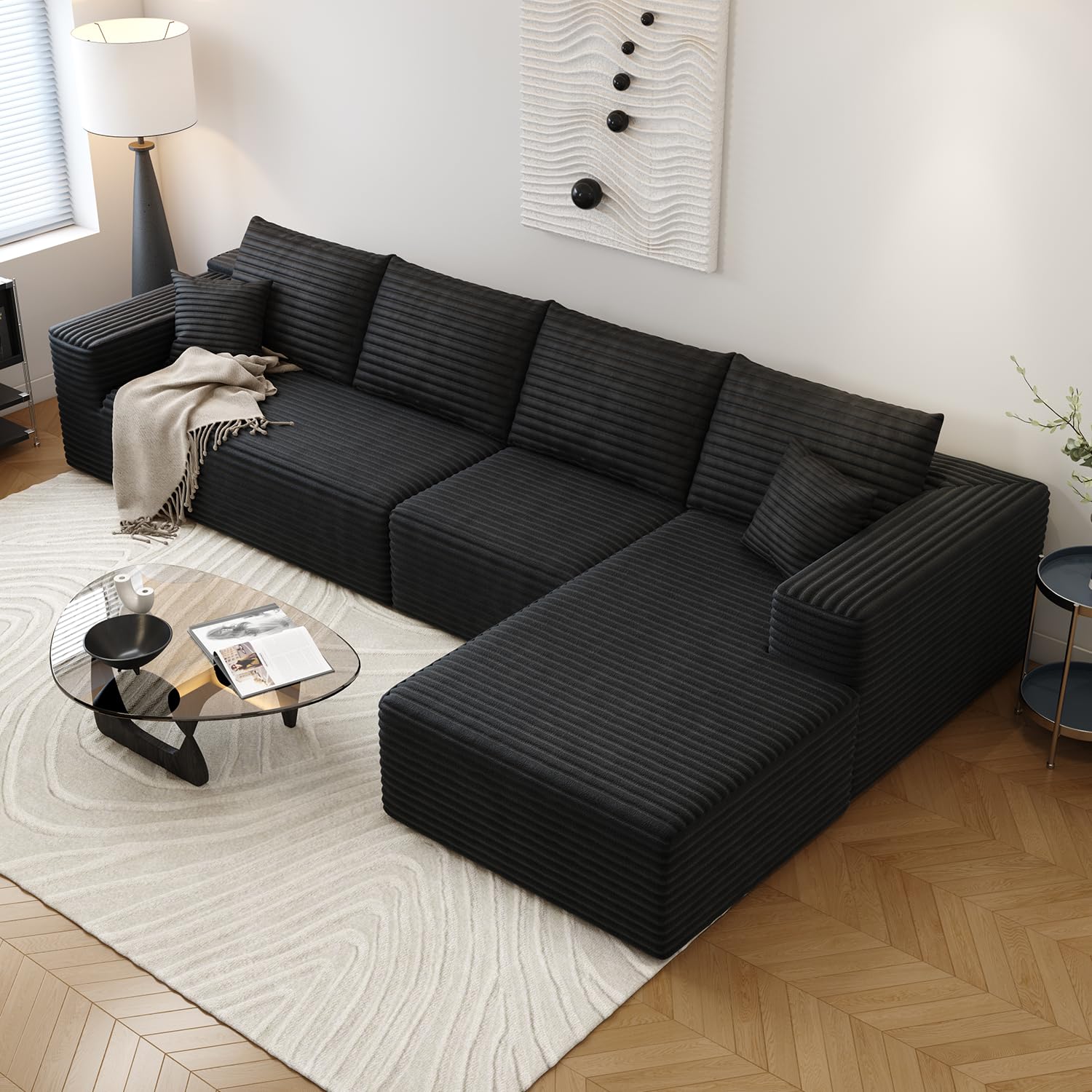 107.5" Cloud Sectional Couch with L-Shape Chaise,Modern Modular Sofa with Deep Seat, Upholstered Couches for Living Room Bedroom Apartments,No Assembly Required, (Black,Right Facing Chaise)