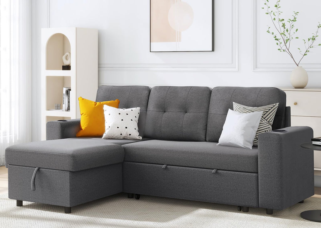 IULULU Sleeper Sofa, L Shaped Boucle Sectional Couch with Pullout Bed, Reversible Storage Chaise, 2 in 1 Pull Out Couches for Living Room, Apartment, Off White