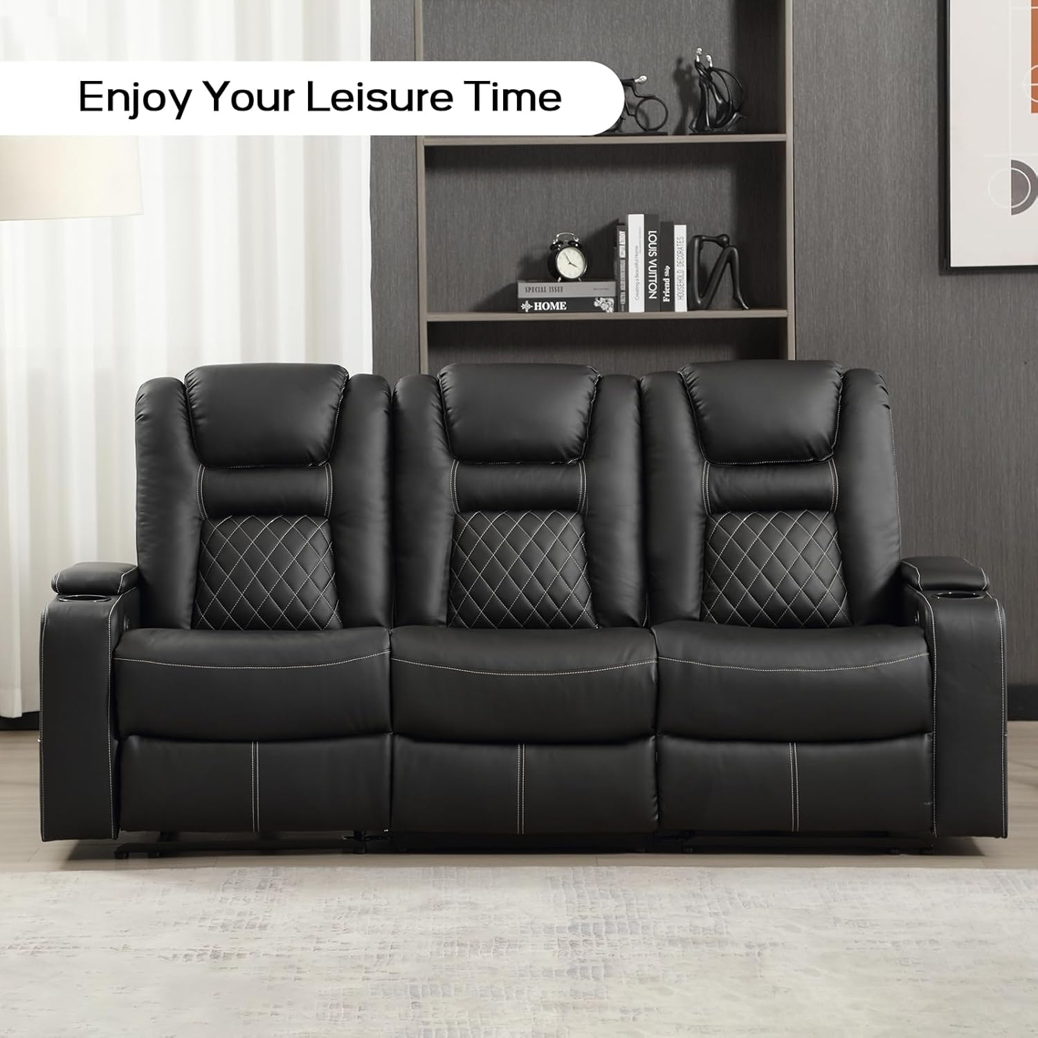 Home Theater Seats, Faux Leather Movie 3 Seat Recliner Sofa with Hidden Arm Storage, Power Gaming Reclining Sofa with USB Charge and Cup Holders