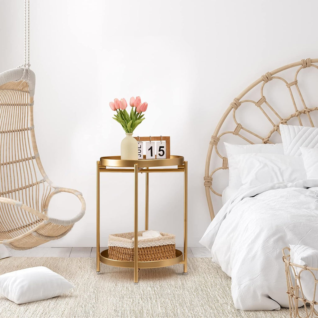 TeoKJ 2 Tier Gold Side Table, Folding Round Metal End Table Small Nightstand with Two Removable Tray for Bedroom Living Room Small Spaces Bedside Gold