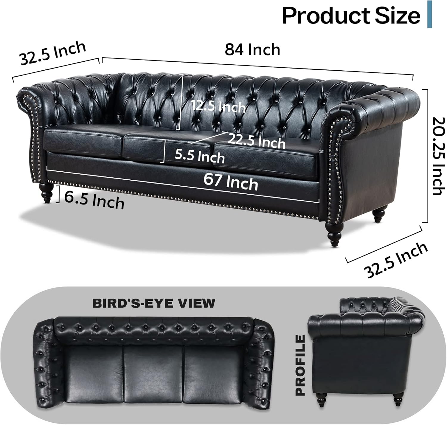 Chesterfield Sofas for Living Room, Black Rolled Arm 3-Seater Leather 84" Large Couch Deep Button Nailhead Tufted Upholstered Couches for Bedroom, Office Apartment Easy to Assemble