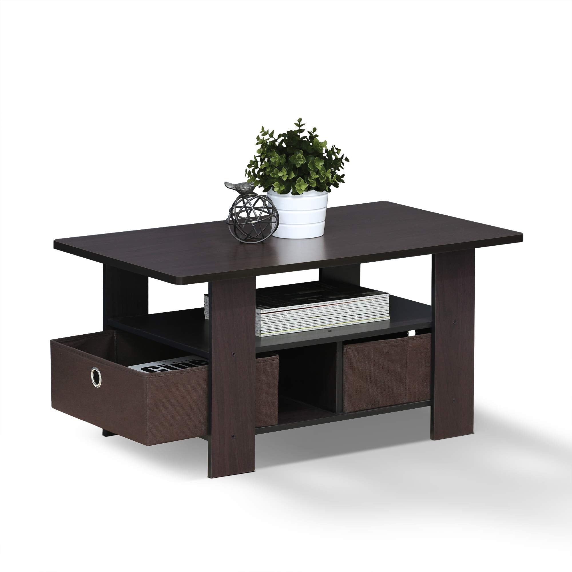 Furinno Andrey Coffee Table with Bin Drawer, Americano/Medium Brown, Small Non-Lift Top