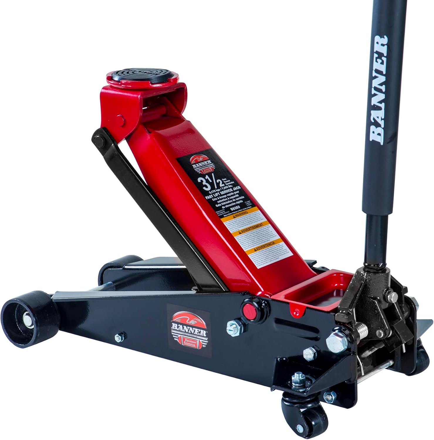 Blackhawk B6350 Black/Red Fast Lift Service Jack - 3.5 Ton Capacity, 28 1/2" L x 13 3/4" W x 6 1/2" H