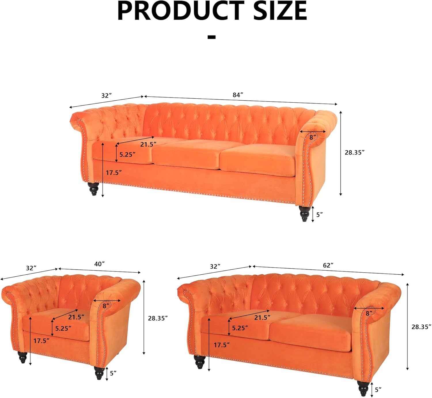 Home Sofa Living Room Furniture, 3 Seater 84" Velvet Upholstered Couch, Mid Century Modern Comfy Couch with Cushions, Classic Tufted Chesterfield Couches for Bedroom, Office, Apartment (Orange)