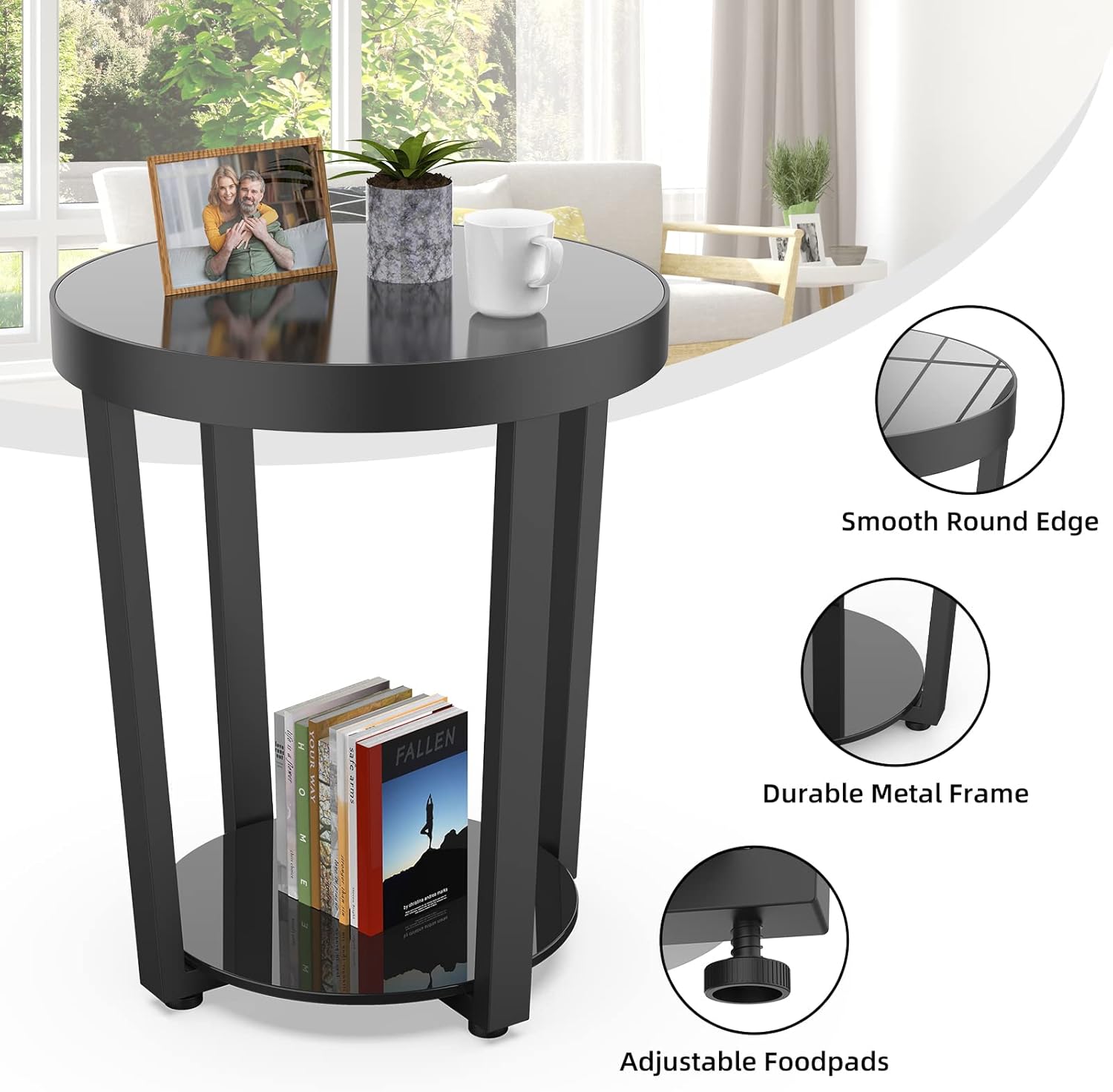 Round End Table, Tempered Glass End Table with Metal Frame, Small Coffee Table, Black Sofa Side Table for Living Room, Balcony, Bedroom