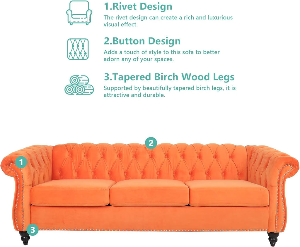 Home Sofa Living Room Furniture, 3 Seater 84" Velvet Upholstered Couch, Mid Century Modern Comfy Couch with Cushions, Classic Tufted Chesterfield Couches for Bedroom, Office, Apartment (Orange)