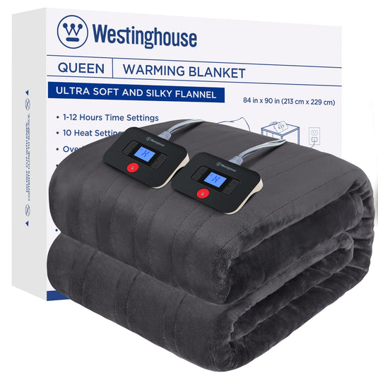 Westinghouse Electric Blanket Queen Size, Super Cozy Soft Flannel 84" x 90" Heated Blanket with 10 Fast Heating Levels & 1-12 Auto-Off, Machine Washable, ETL&FCC Certification, Beige