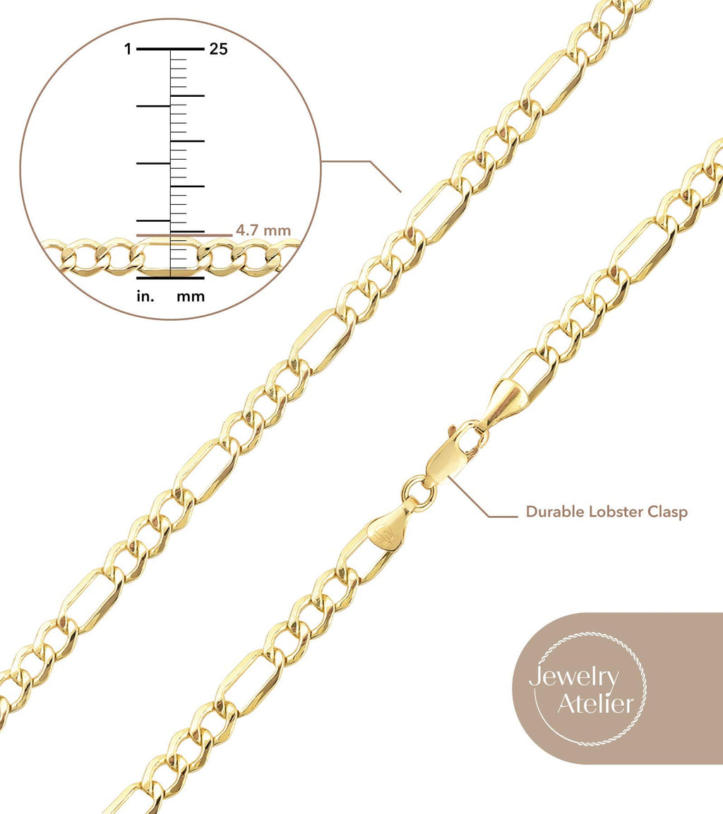 Collezione Collane Catena in Oro Atelier Gioielli - Collane Catena Figaro Riempite in Oro Giallo Massiccio 14K per Donne e Uomini con Diverse Misure (2.8mm, 3.7mm, 4.7mm, 5.6mm)