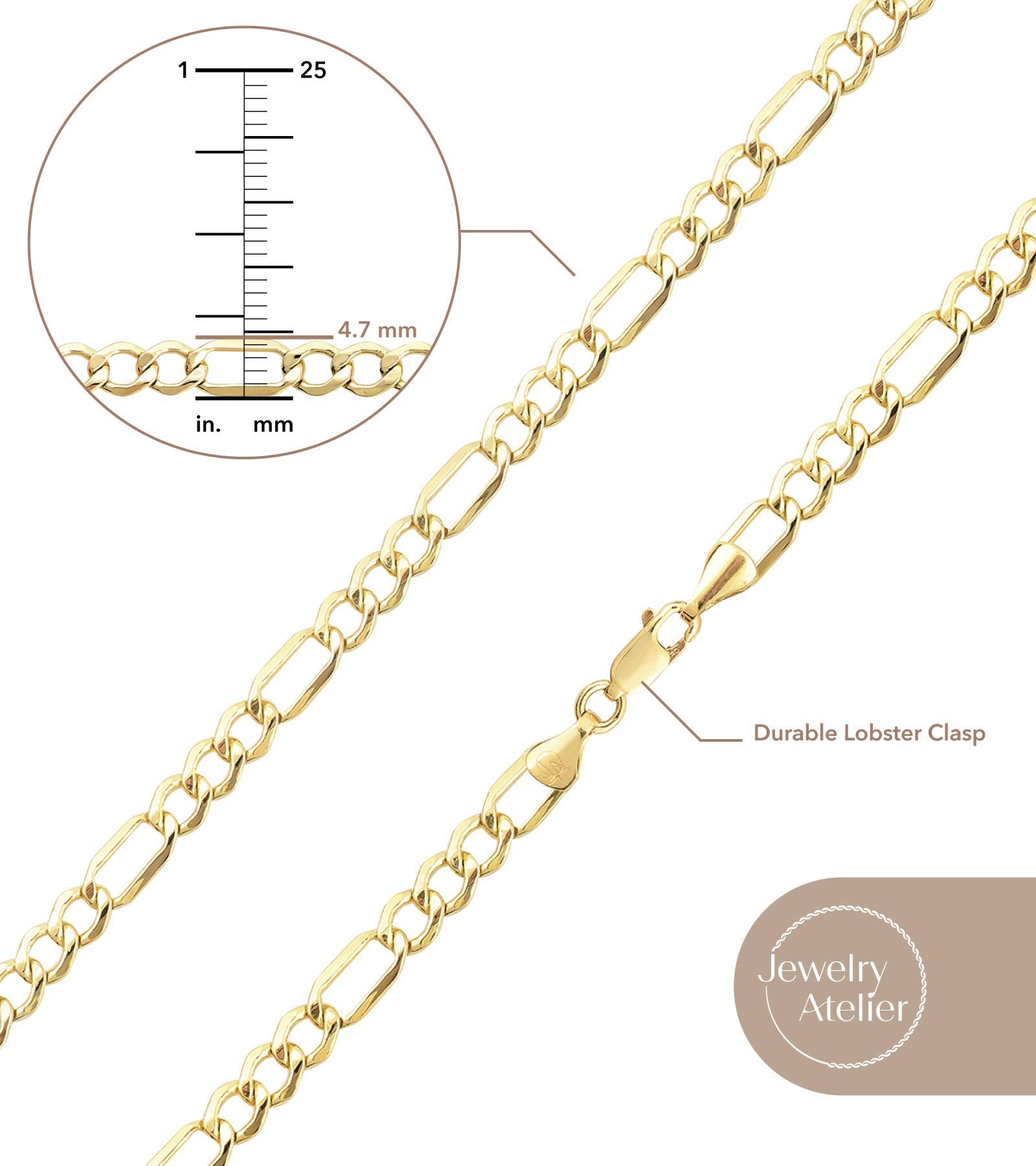 Collezione Collane Catena in Oro Atelier Gioielli - Collane Catena Figaro Riempite in Oro Giallo Massiccio 14K per Donne e Uomini con Diverse Misure (2.8mm, 3.7mm, 4.7mm, 5.6mm)