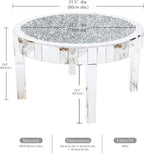 Round Mirrored Coffee Table: 31.5 inches Large Decorative Bling Crushed Diamond Tabletop with Silver Mirror Crystal Edge Frame and Legs Luxury Modern Home Decor for Livingroom