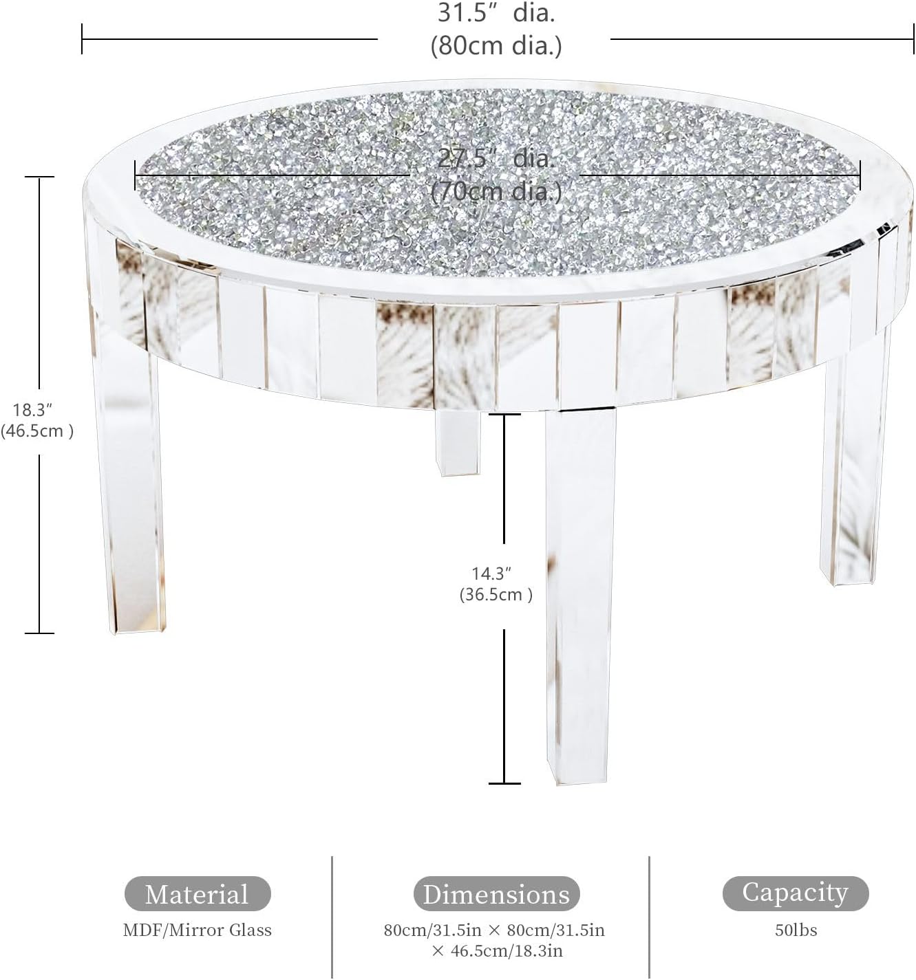 Round Mirrored Coffee Table: 31.5 inches Large Decorative Bling Crushed Diamond Tabletop with Silver Mirror Crystal Edge Frame and Legs Luxury Modern Home Decor for Livingroom