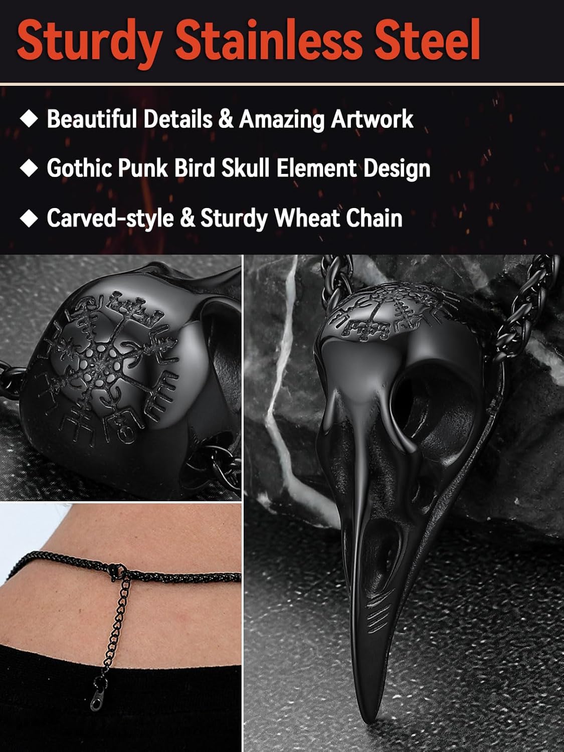 FaithHeart Viking Raven Necklace for Men, Norse Mythology Raven Skull Pendant Sturdy Stainless Steel Amulet Jewelry Gift for Men