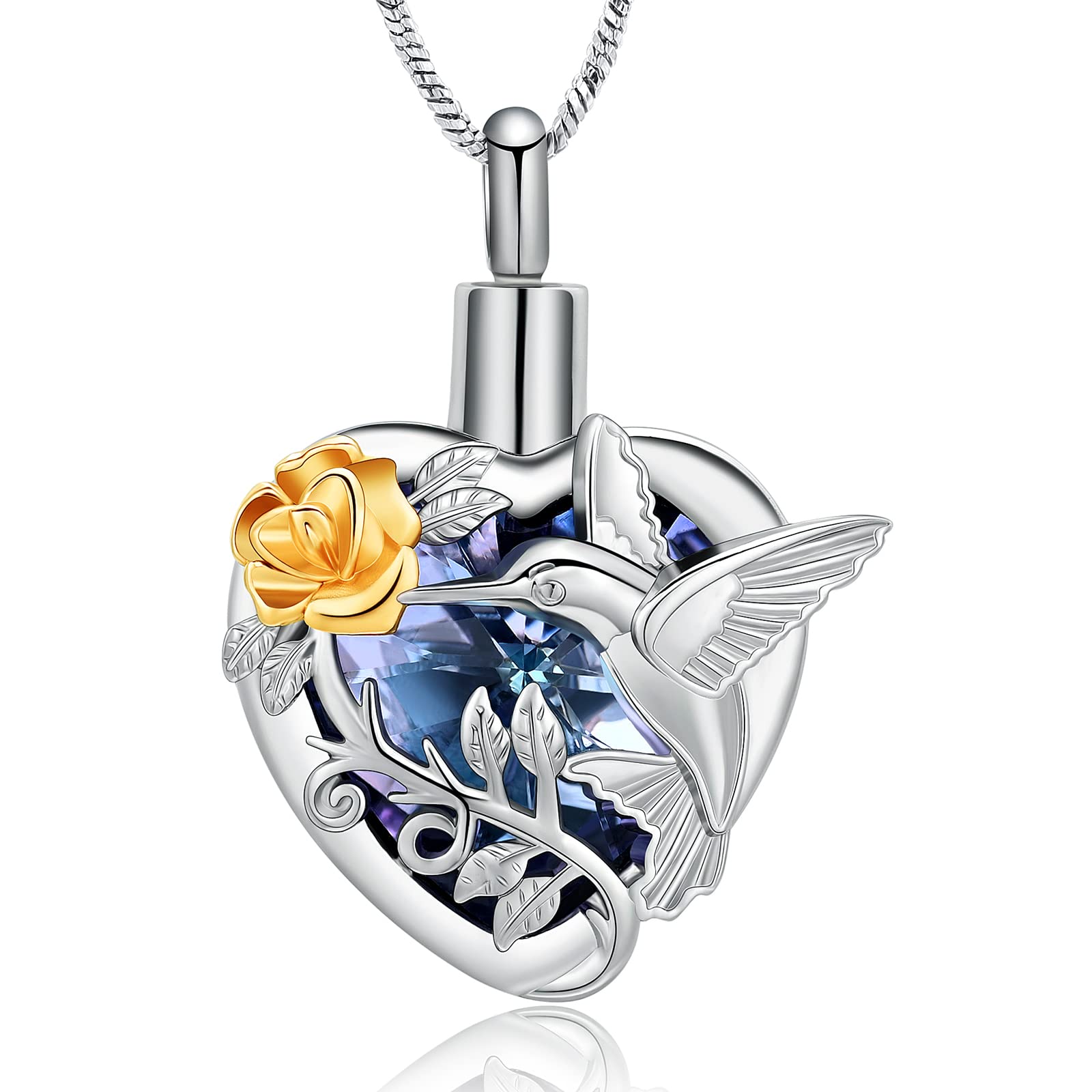 Yinplsmemory Hummingbird Cremation Jewelry Crystal Heart Urn Ashes Necklace for Women Men Memorial Keepsake Necklace of Loved One