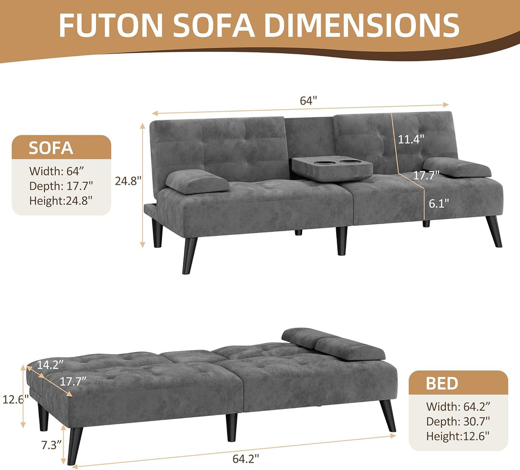 Shintenchi Futon Sofa Bed, Velvet Foldable Couch Reclining Sleeper w/Removable Armrests, Upholstered Loveseat w/Folding Cup Holders for Home, Office, Dark Gray