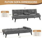 Shintenchi Futon Sofa Bed, Velvet Foldable Couch Reclining Sleeper w/Removable Armrests, Upholstered Loveseat w/Folding Cup Holders for Home, Office, Dark Gray