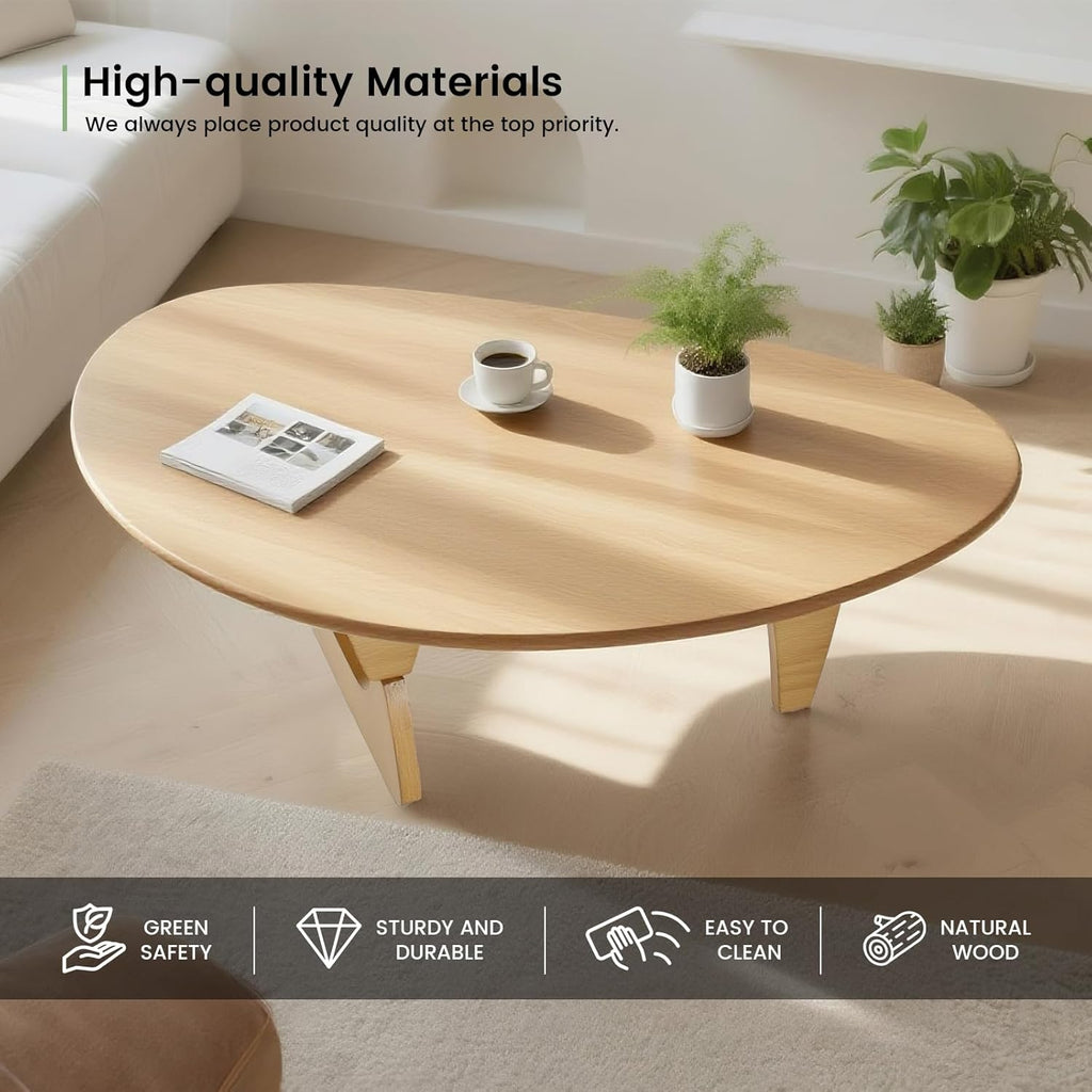 Solid Wooden Modern Triangle Coffee Table: Unique Funky Coffee Tables for Living Room, Oval Mid-Century Irregular Abstract Tea Tables for Patio Office Balcony Bedroom (Natural, 33" L x 22" W x 16" H)