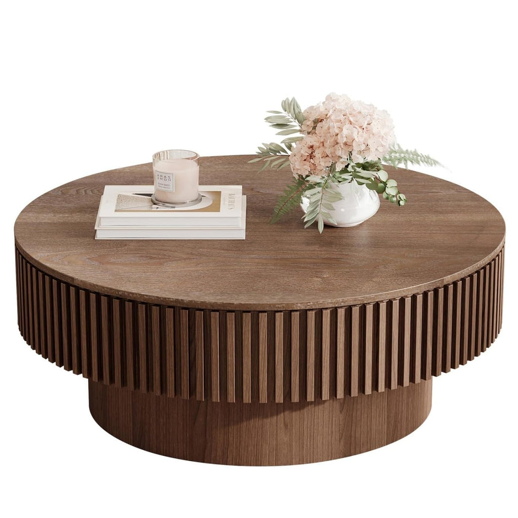 LKTART Round Coffee Table for Living Room, Accent Fluted Drum Coffee Table with Storage, Modern Solid Wood Veneered Circle Center Tea Table for Small Space Apartment (31.5''D×14''H-Natural)