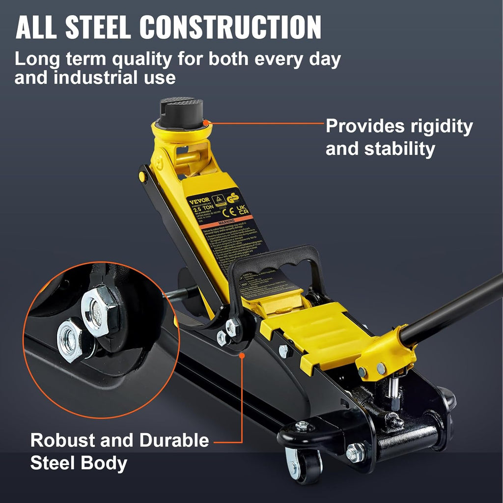 VEVOR 2.5 Ton Low Profile, Heavy-Duty Steel Racing Floor Jack with Single Piston Lift Pump, Lifting Range 3.35"-14.96"