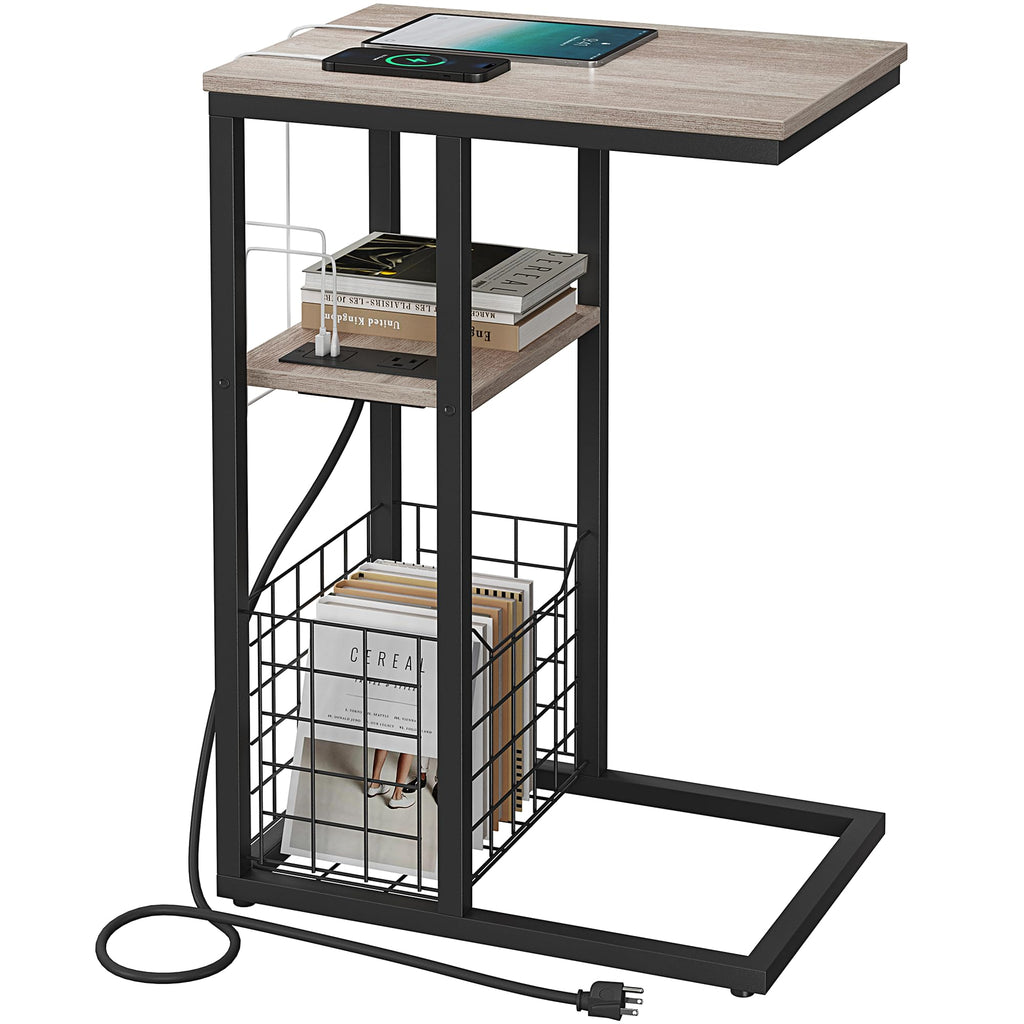 Vagusicc C Shaped End Table with Charging Station, Side Table for Couch, Small Side End Table for Small Spaces, 28" High Slide Under Sofa Table for Coffee, Tv Tray Table for Living Room, White