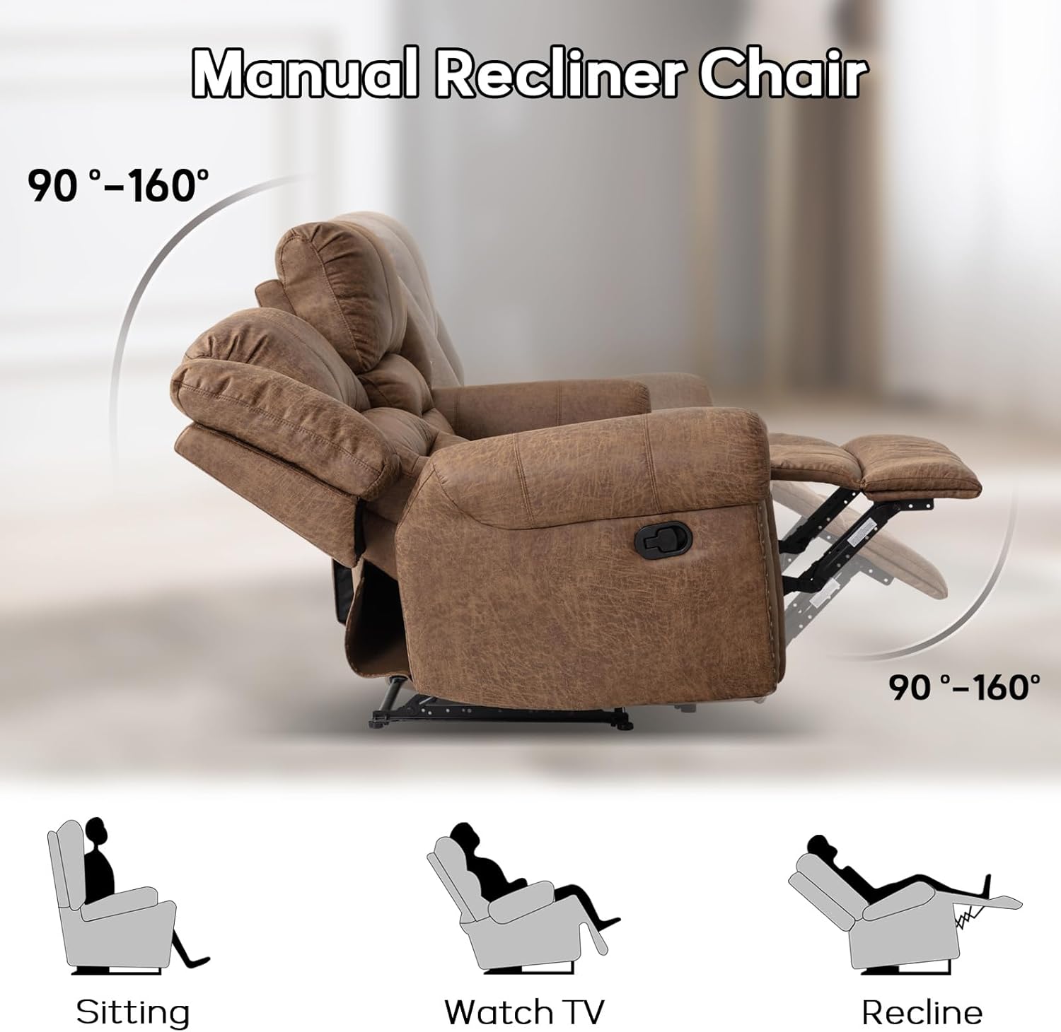 Faux Leather Reclining Sofa, 3 Seater Recliner Sofa Chair, Manual Reclining Couch Set for Living Room, Home Furniture Set, for Meeting Room, Brown (3 Seat Sofa)