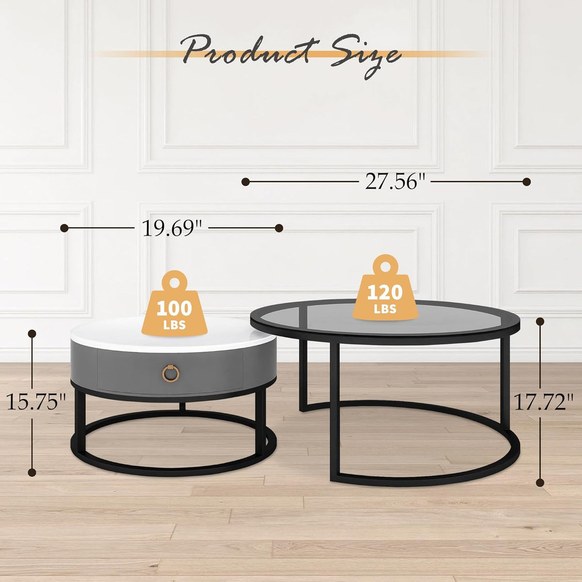 Jerry & Maggie Ø 27.5" Modern Nesting Coffee Table Set of 2, Round Glass Coffee Table & Side Table with Drawer, Tempered Glass & Leather Upholstery, Coffee Tables for Living Room, Small Space Friendly