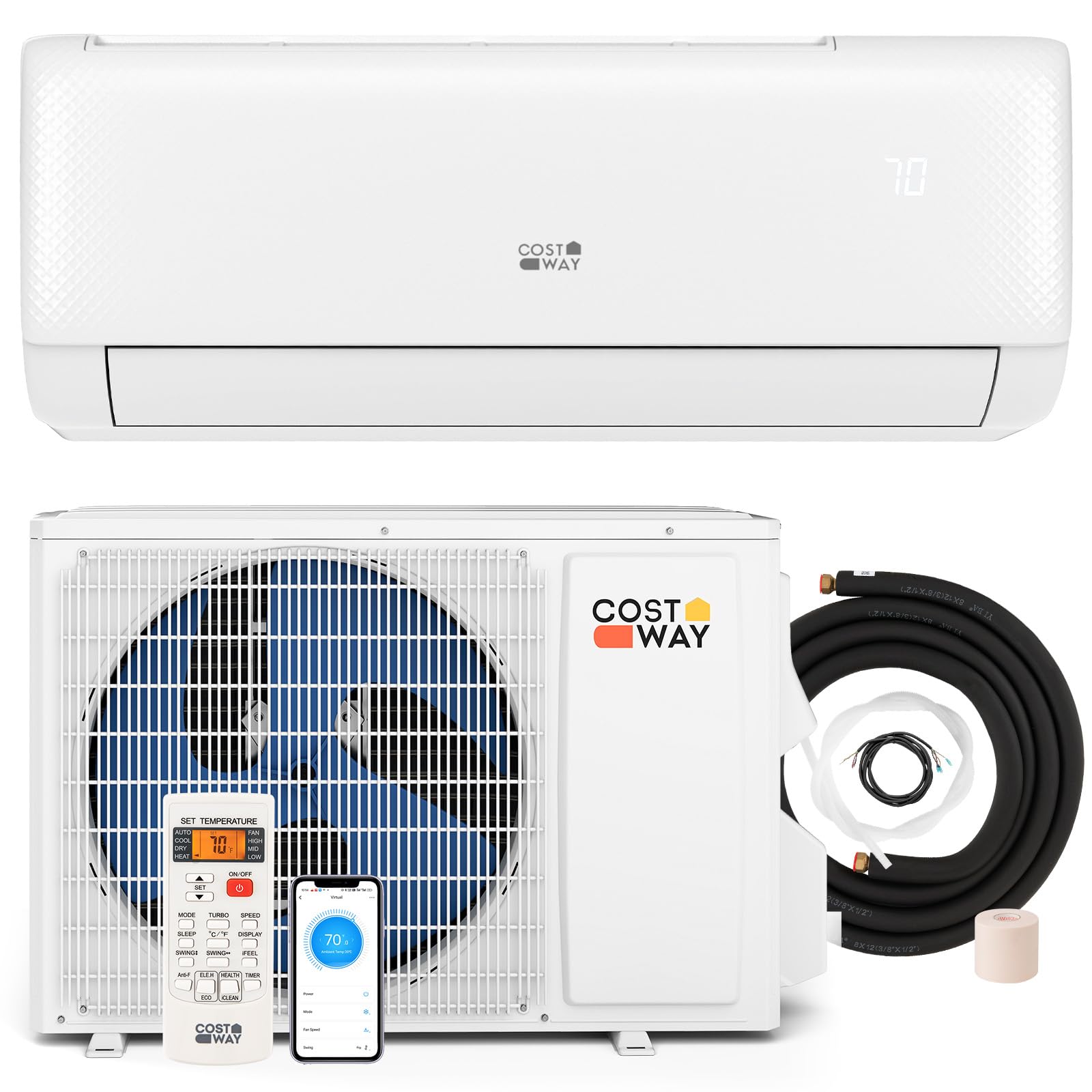COSTWAY 12000BTU Mini Split Air Conditioner& Heater, 20 SEER2 115V Wall-Mounted Ductless AC Unit Cools Rooms up to 750 Sq. Ft, Energy Efficient Inverter AC with Heat Pump (Blast Series)