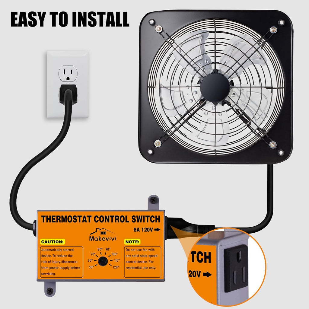 Attic Fan Thermostat-Control, Adjustable Thermostat with Overload Protector, Temperature Controlled Attic Fan, with Socket Easy to Install, Exhaust Fan Temperature Controller for Workshop, Greenhouse