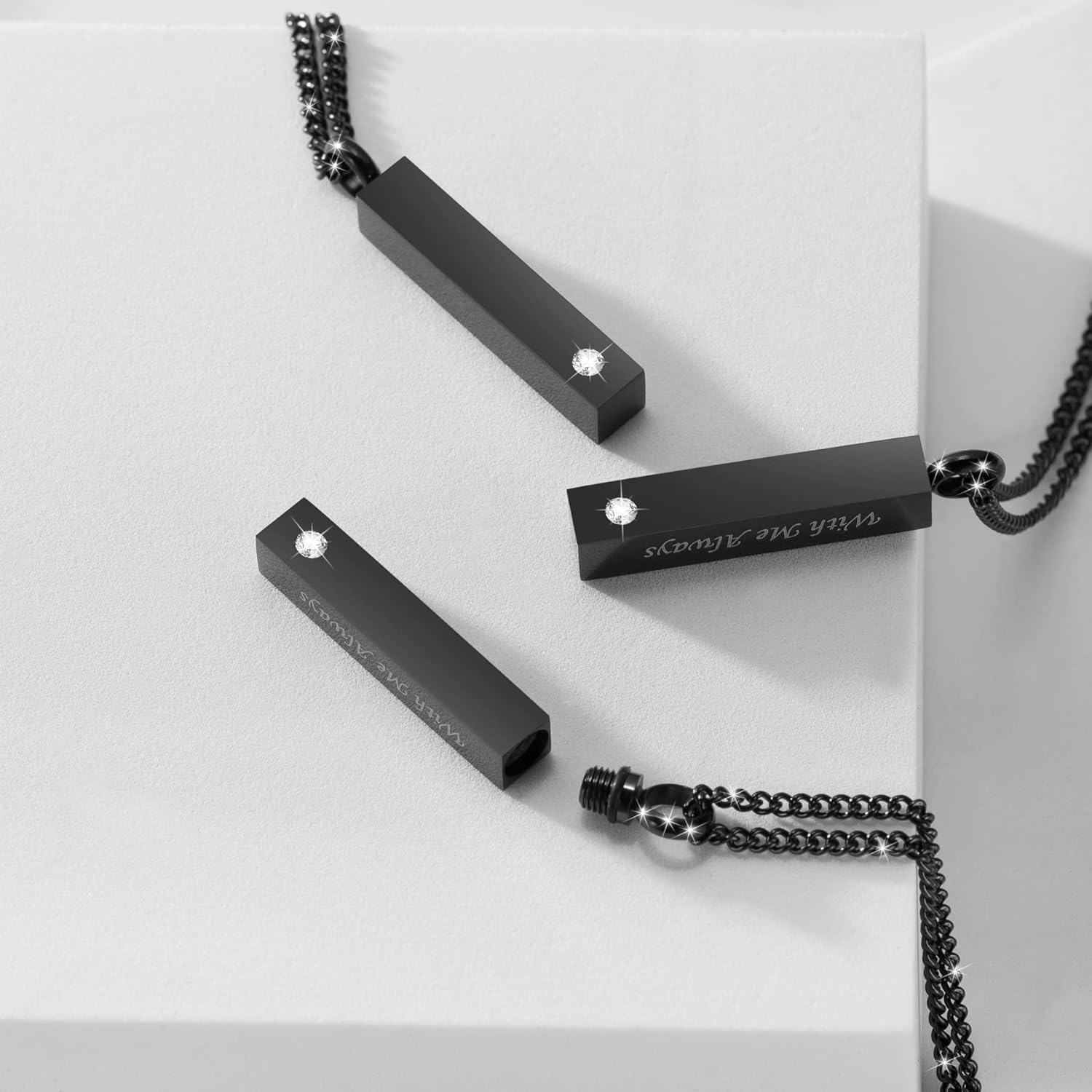 3 Pack Urn Necklace for Ashes Memorial Cremation Jewelry for Ashes, CZ Bar Urn Locket for Ashes Stainless Steel Urns Pendant Keepsake Jewelry with Words: With Me Always & Funnel Kit & Bag