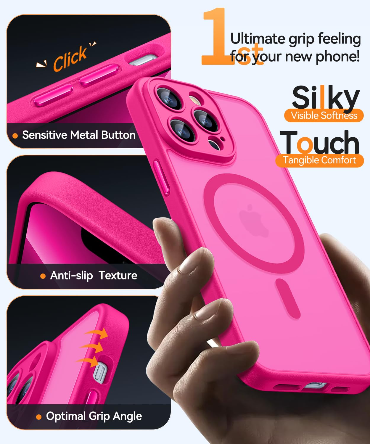 CANSHN 磁気対応 iPhone 13 Pro Max ケース、アップグレード版【フルカメラ保護】【Magsafe対応】【半透明マット】耐衝撃保護スマホケースカバー 6.7インチ - ホットピンク