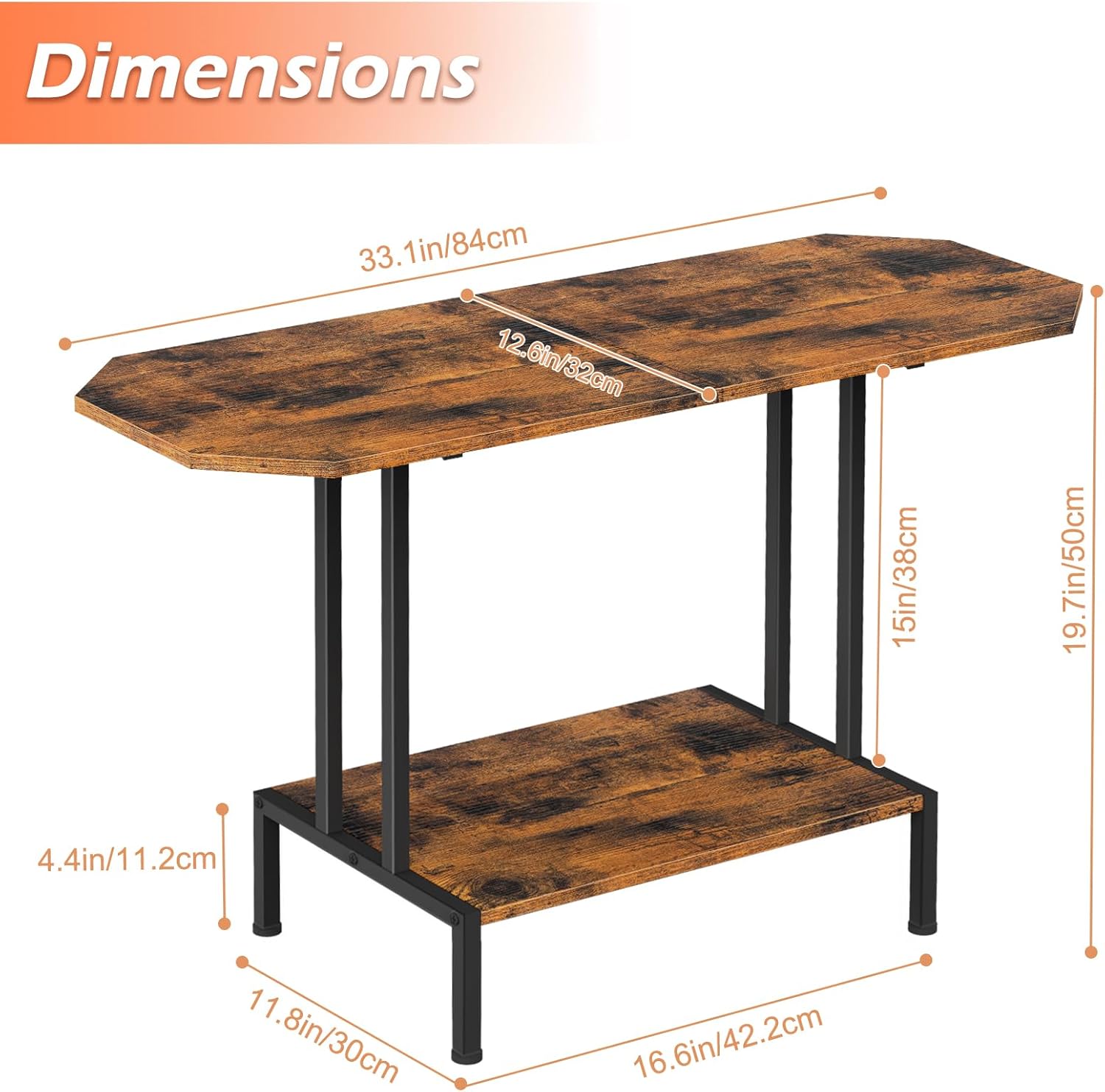 Coffee Table for Living Room, 2 Tier Small Center Table Industrial Coffee Table with Open Storage Shelf and Metal Frame for Farmhouse Bedroom Office, Rustic Brown